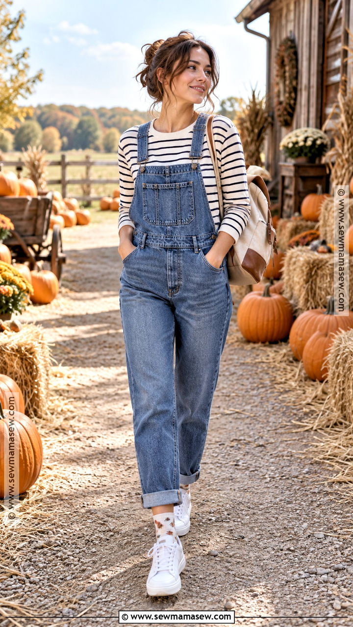 Denim Overalls Farm Outfit With A Striped Shirt And Sneakers - 20 Fall Farm Outfits for Women