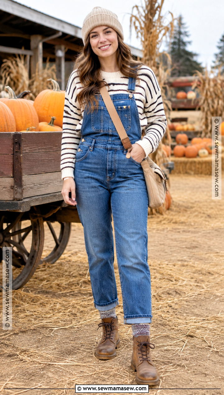 Denim Overalls Pumpkin Patch Outfit With Striped Shirt - 25 pumpkin patch outfit ideas for women