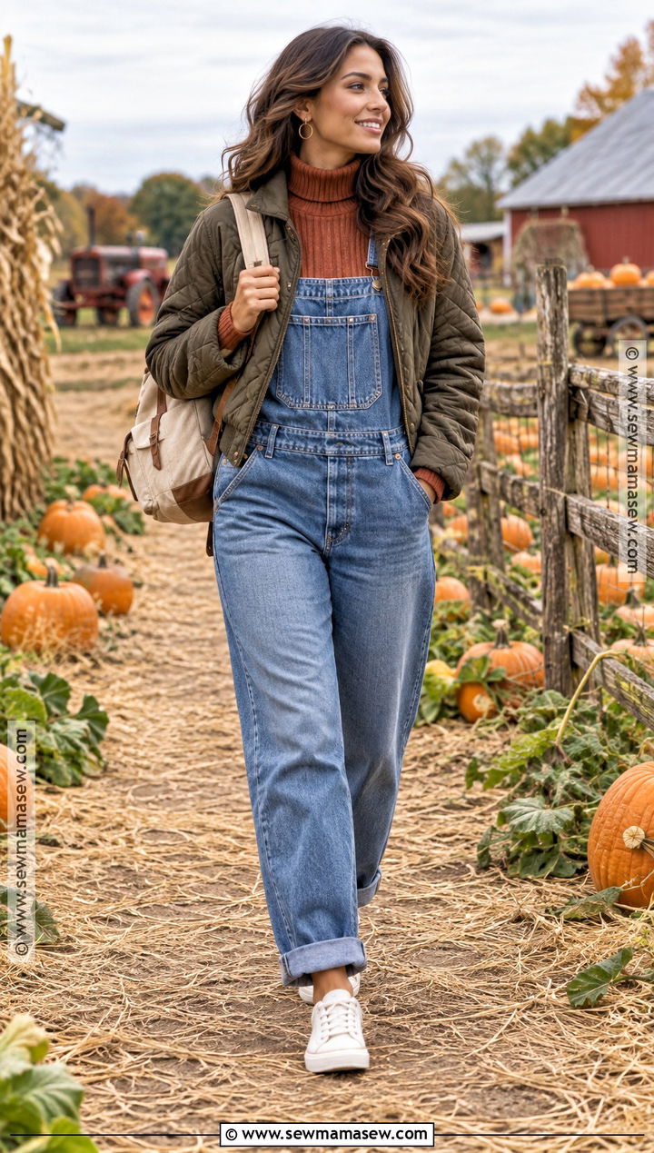 Denim Overalls With A Turtleneck And Sneakers - 15 Pumpkin Patch Outfit Ideas for Women 2026