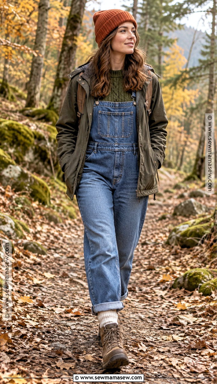 Denim Overalls With Cable Knit Sweater And Hiking Boots - 25 overalls outfit fall