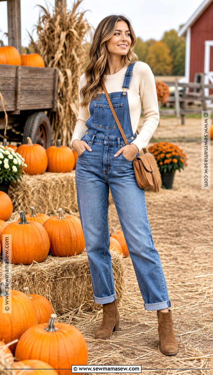 Denim Overalls With Cream Sweater And Ankle Boots - 20 Pumpkin Patch Outfit Overalls