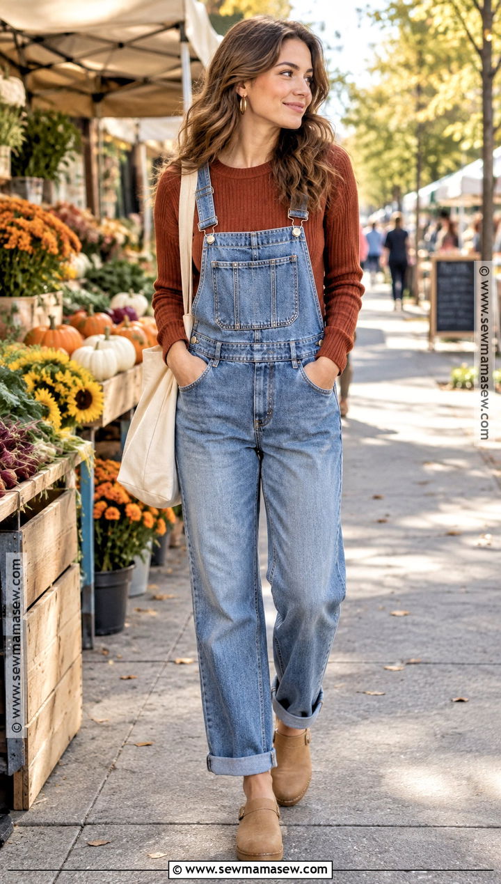 Denim Overalls With Lightweight Sweater And Clogs - 20 summer transition to fall outfits