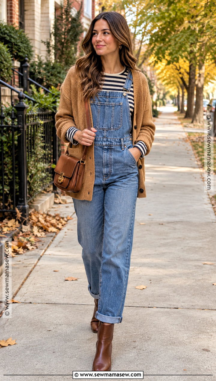 Denim Overalls With Striped Shirt And Ankle Boots - 25 overalls outfit fall