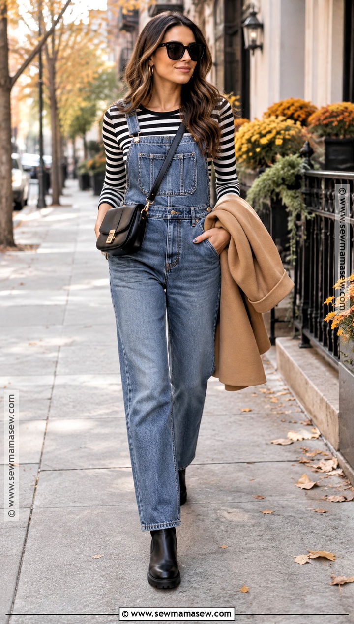 Denim Overalls With Striped Tee And Chelsea Boots - 15 Cute Fall Outfits Overalls