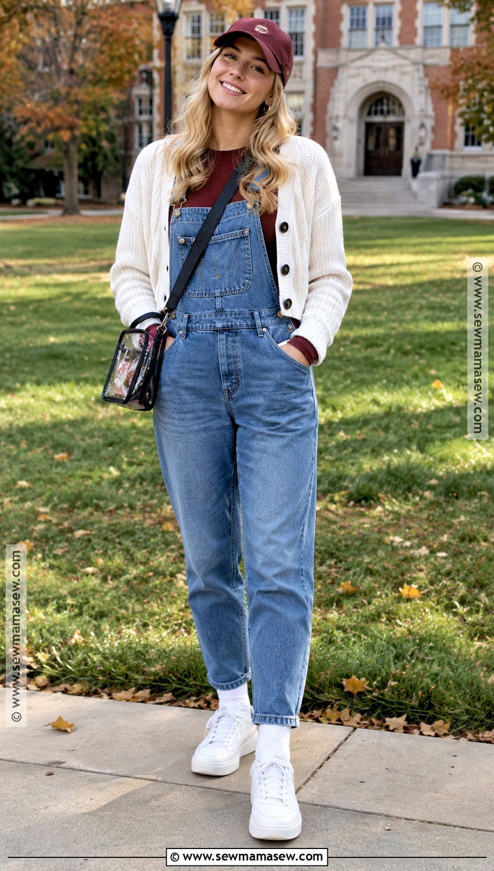 Denim Overalls With Team Shirt And Sneakers - 25 college football game outfit fall ideas