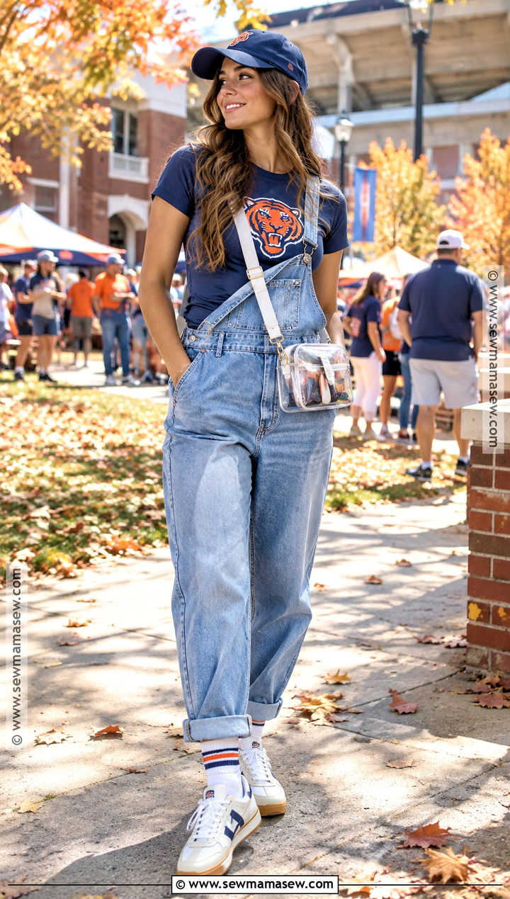 Denim Overalls With Team T Shirt - 20 football game outfit fall ideas