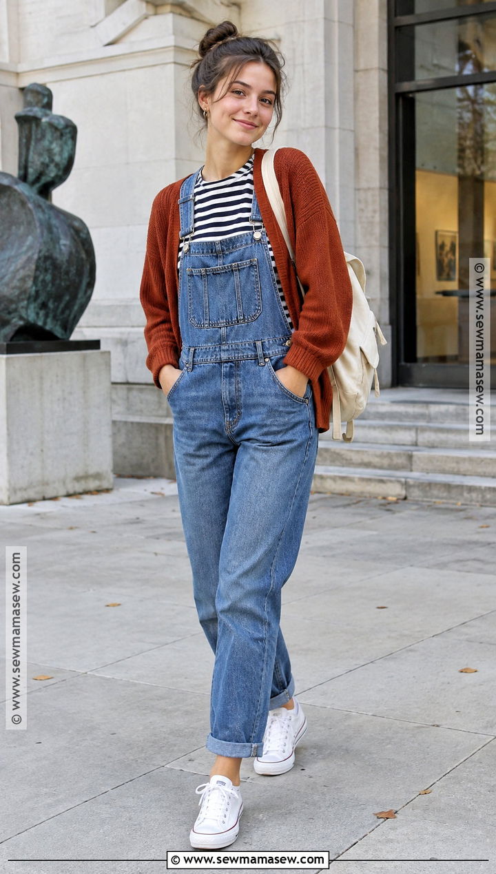 Denim Overalls and Striped Tee College Outfit - 15 back to school outfits college 2026