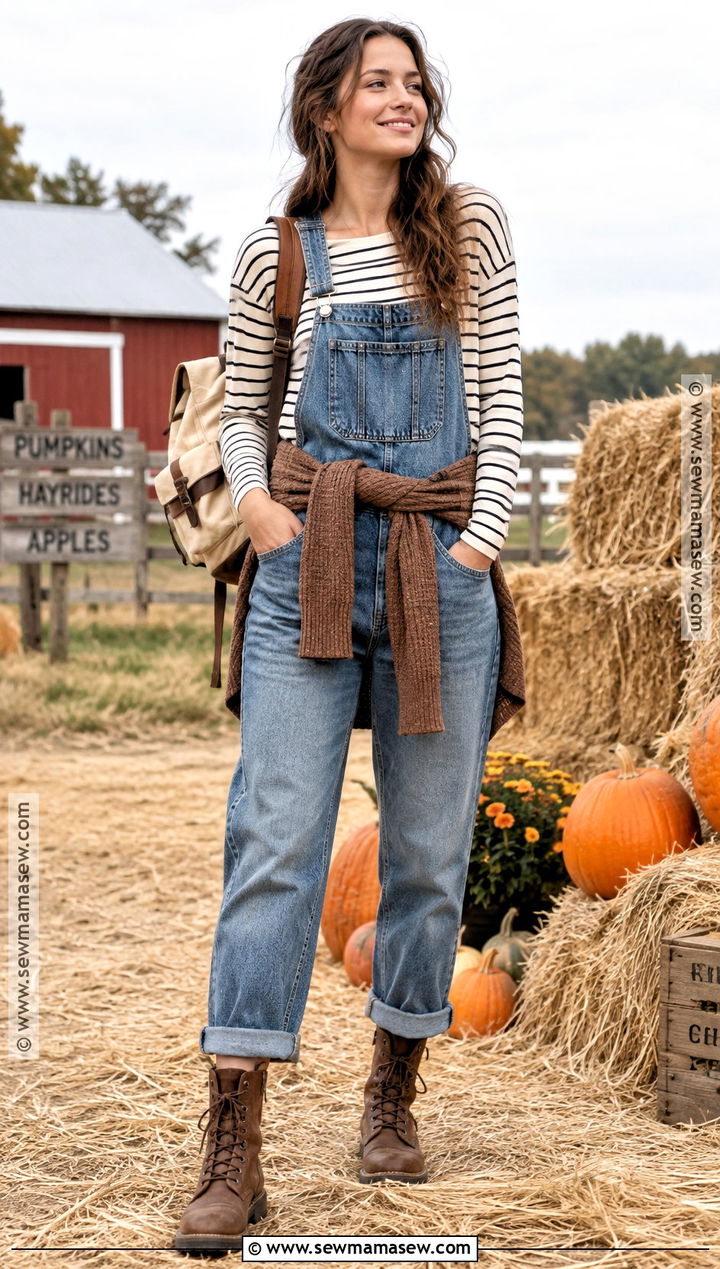 Denim Overalls and Striped Tee Harvest Outfit - 20 Harvest Outfits