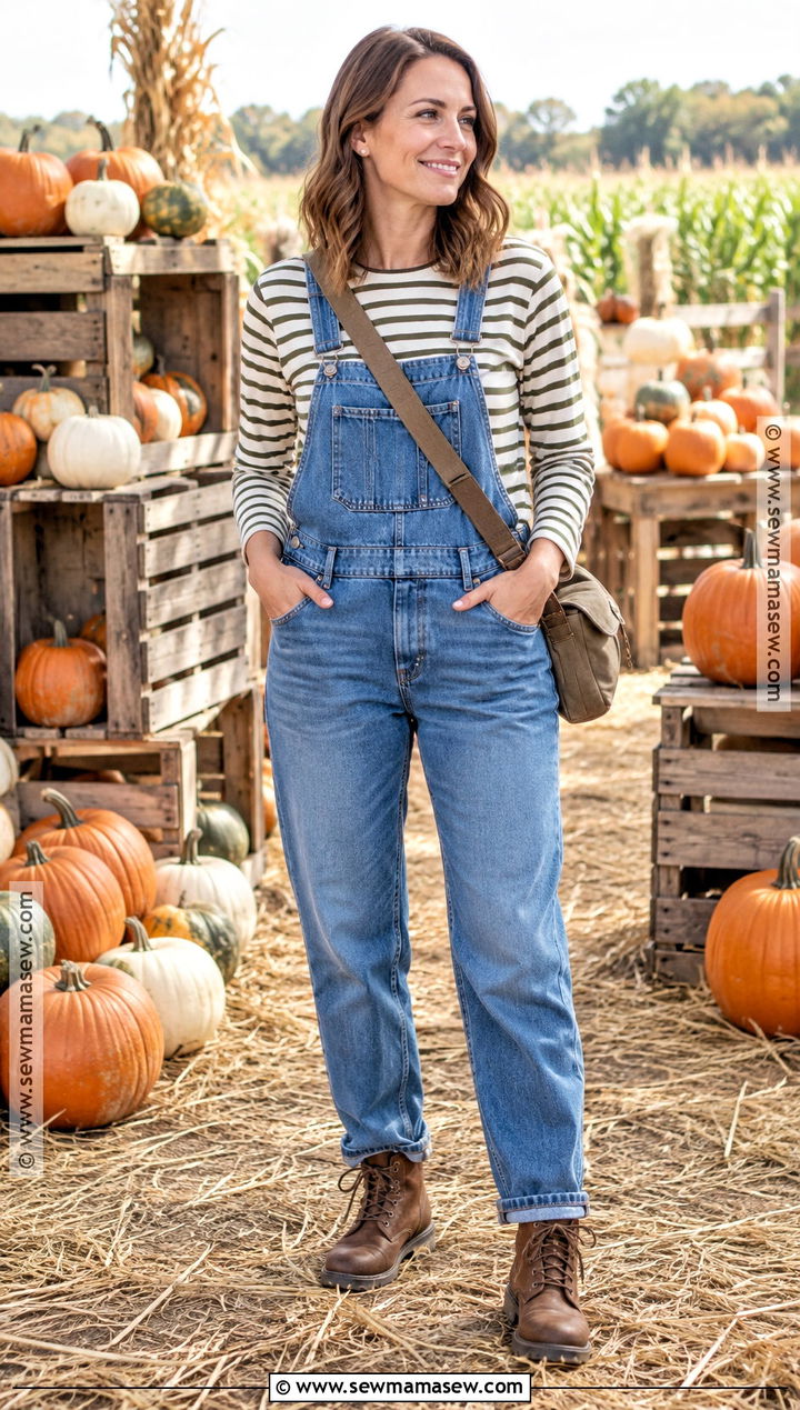 Denim Overalls and Striped Tee Pumpkin Patch Outfit - 20 Pumpkin Patch Mom Outfit Ideas