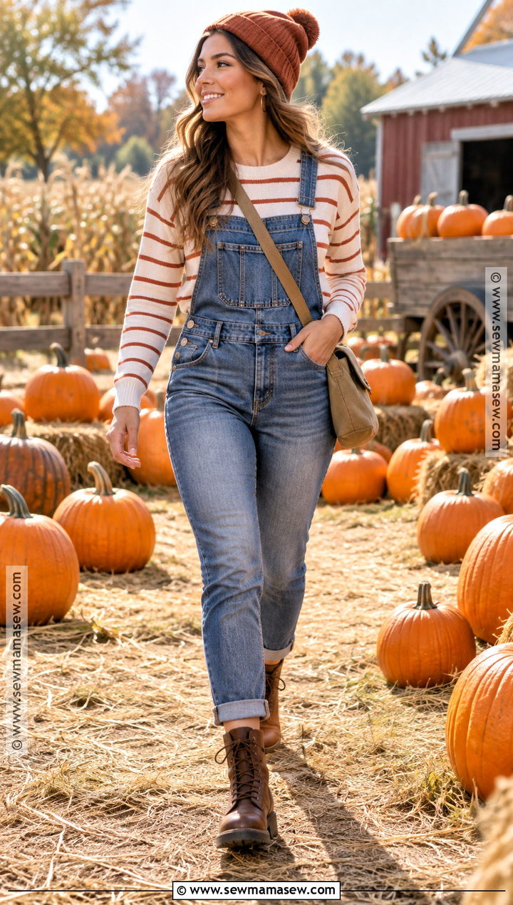 Denim Overalls and Striped Top Pumpkin Patch Outfit - 20 Pumpkin Patch Photoshoot Outfits