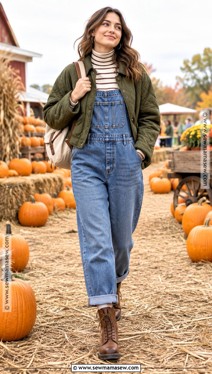 Denim Overalls and Striped Turtleneck Pumpkin Patch Outfit - 15 pumpkin patch style ideas