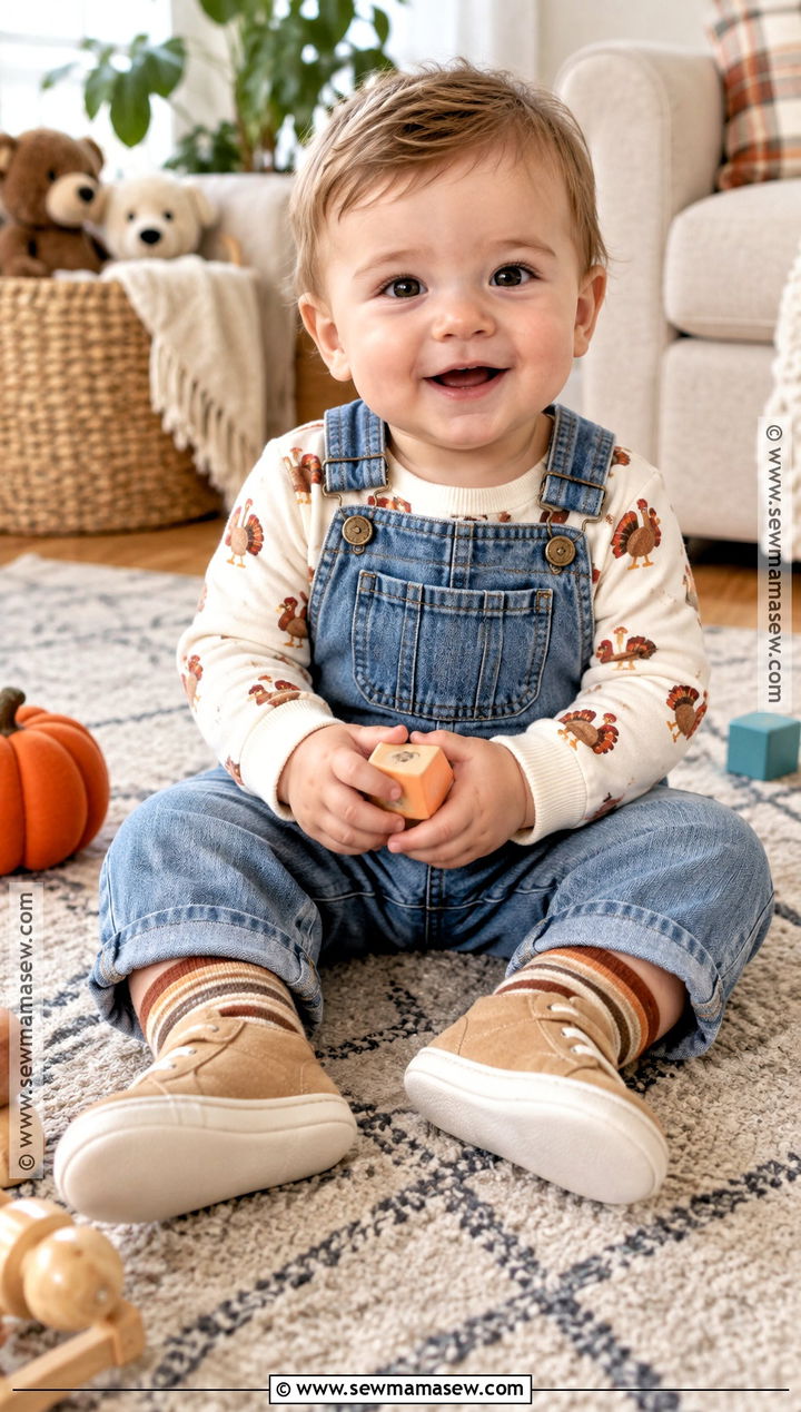 Denim Overalls and Thanksgiving Bodysuit - 15 first thanksgiving outfit ideas for boys