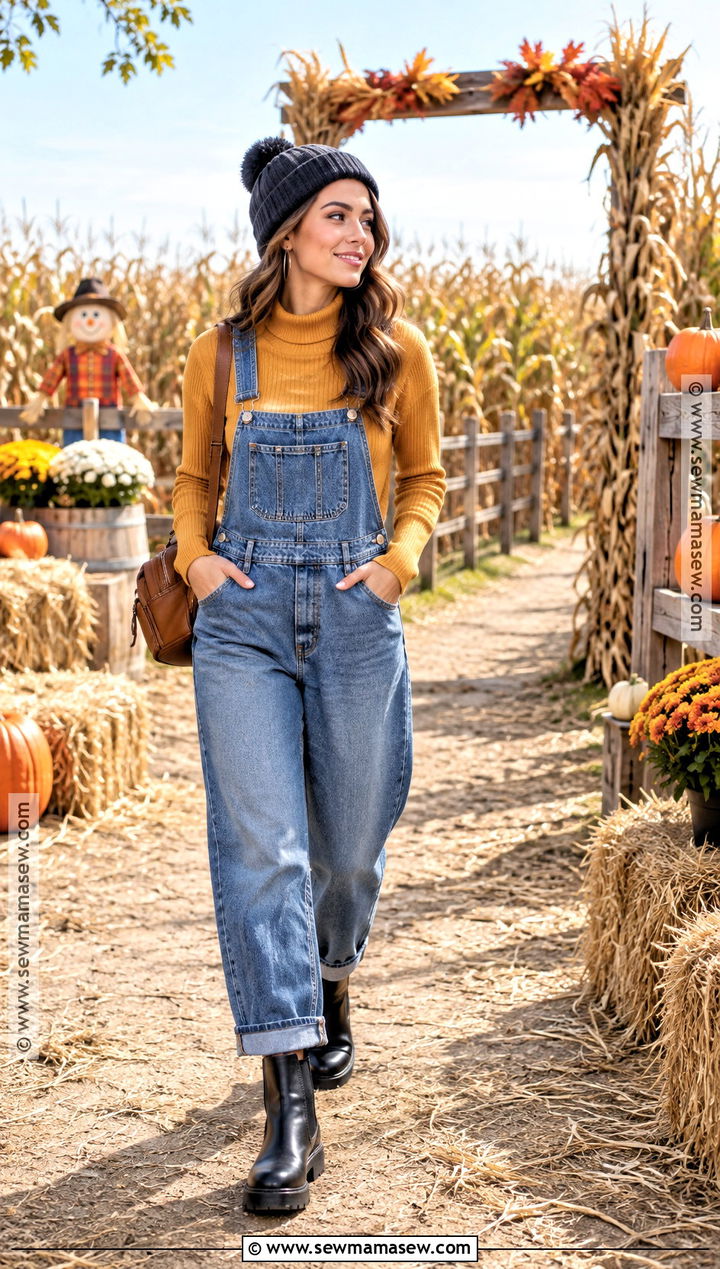 Denim Overalls and Turtleneck Fall Harvest Party Outfit - 15 Fall Harvest Party Attire Ideas