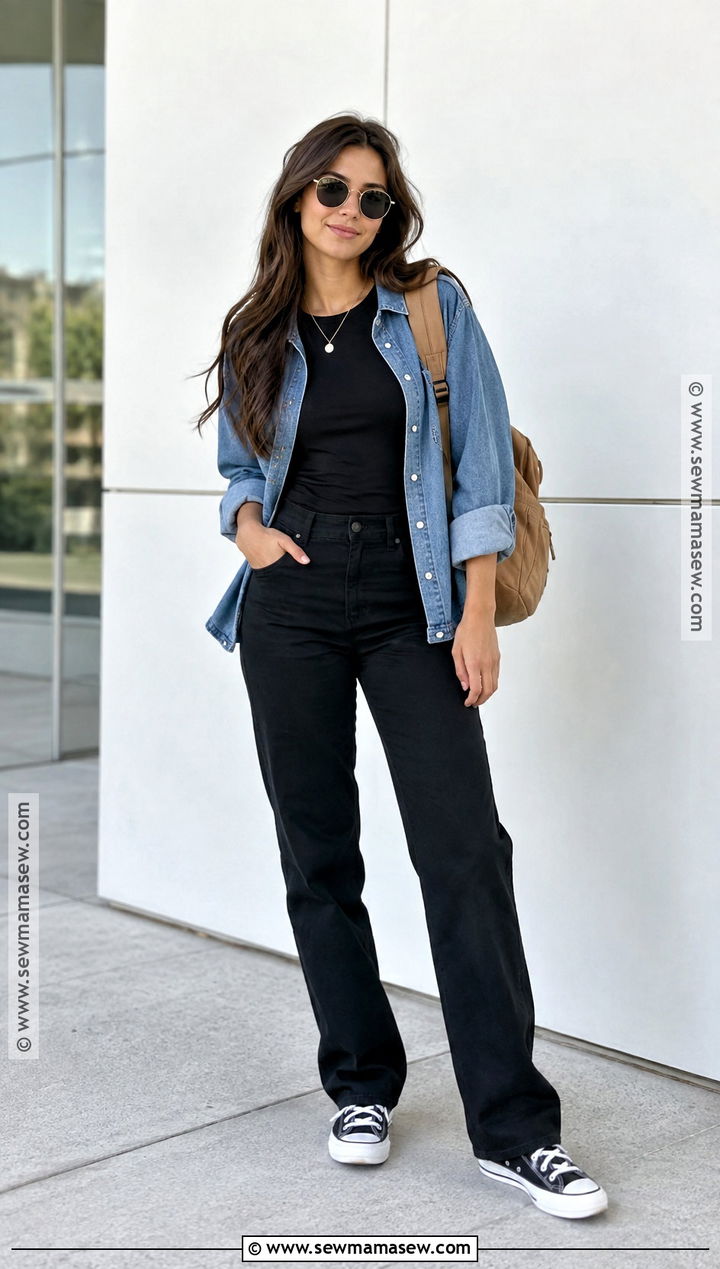 Denim Overshirt And Monochrome Back To School Outfit - 15 back-to-school outfit inspiration ideas