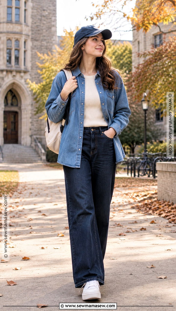 Denim Overshirt And Wide Leg Jeans Autumn Uni Outfit - 25 autumn uni outfits