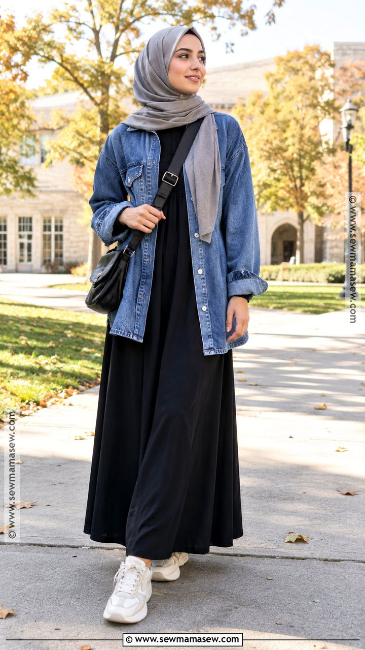 Denim Overshirt With Black Maxi Dress And Sneakers - 20 Muslim Fall Outfits