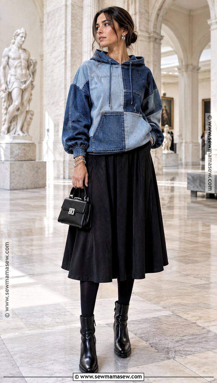 Denim Patchwork Hoodie With Black Midi Skirt - 20 Fall Patchwork Hoodie Ideas