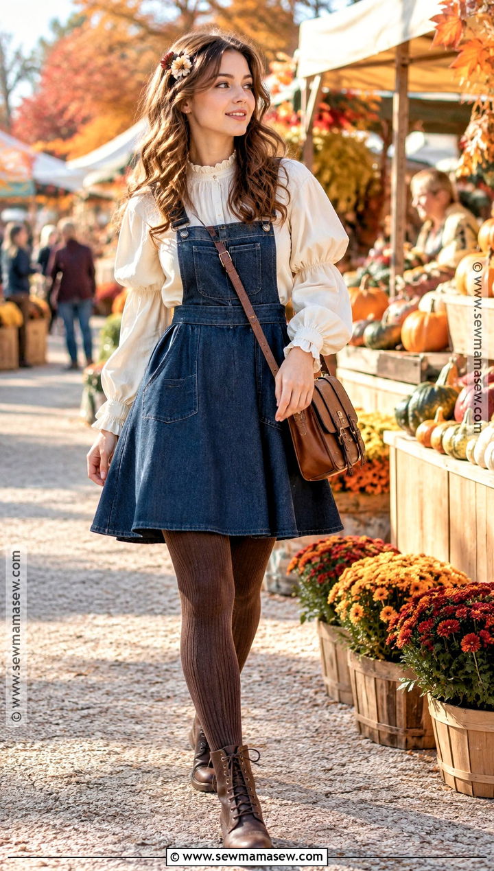 Denim Pinafore And Ruffled Blouse Shoujo Girl Fall Outfit - 20 shoujo girl fall outfits