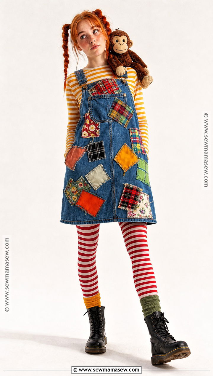 Denim Pippi Longstocking Costume With Patchwork Jumper - 35 pippi longstocking costume ideas