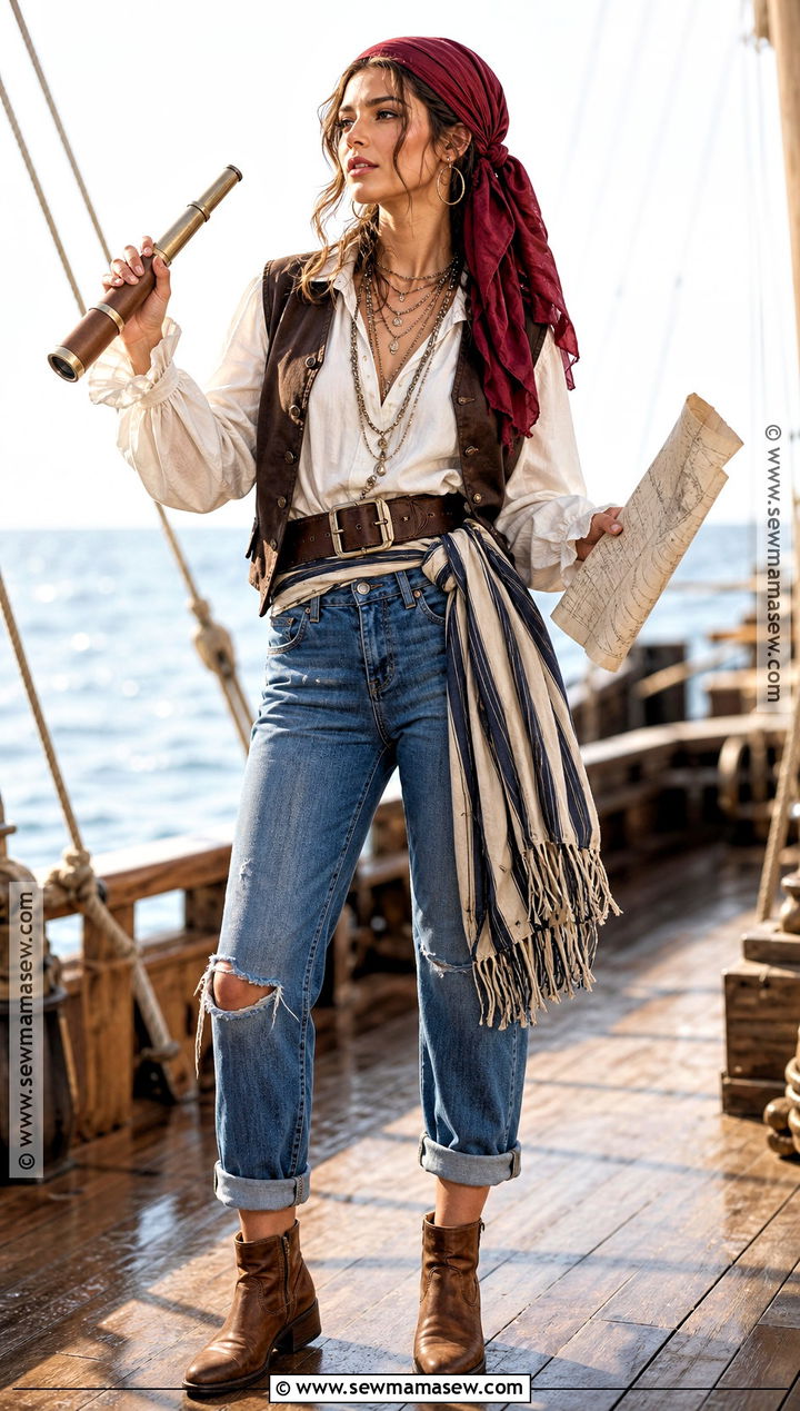 Denim Pirate Costume With Bandana - 30 last minute pirate costume ideas
