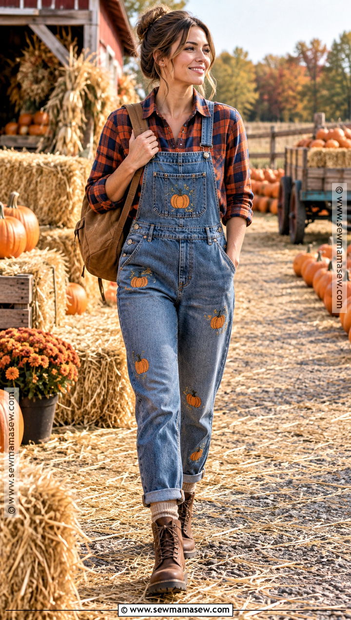 Denim Pumpkin Overalls With Plaid Shirt - 15 Pumpkin Overalls