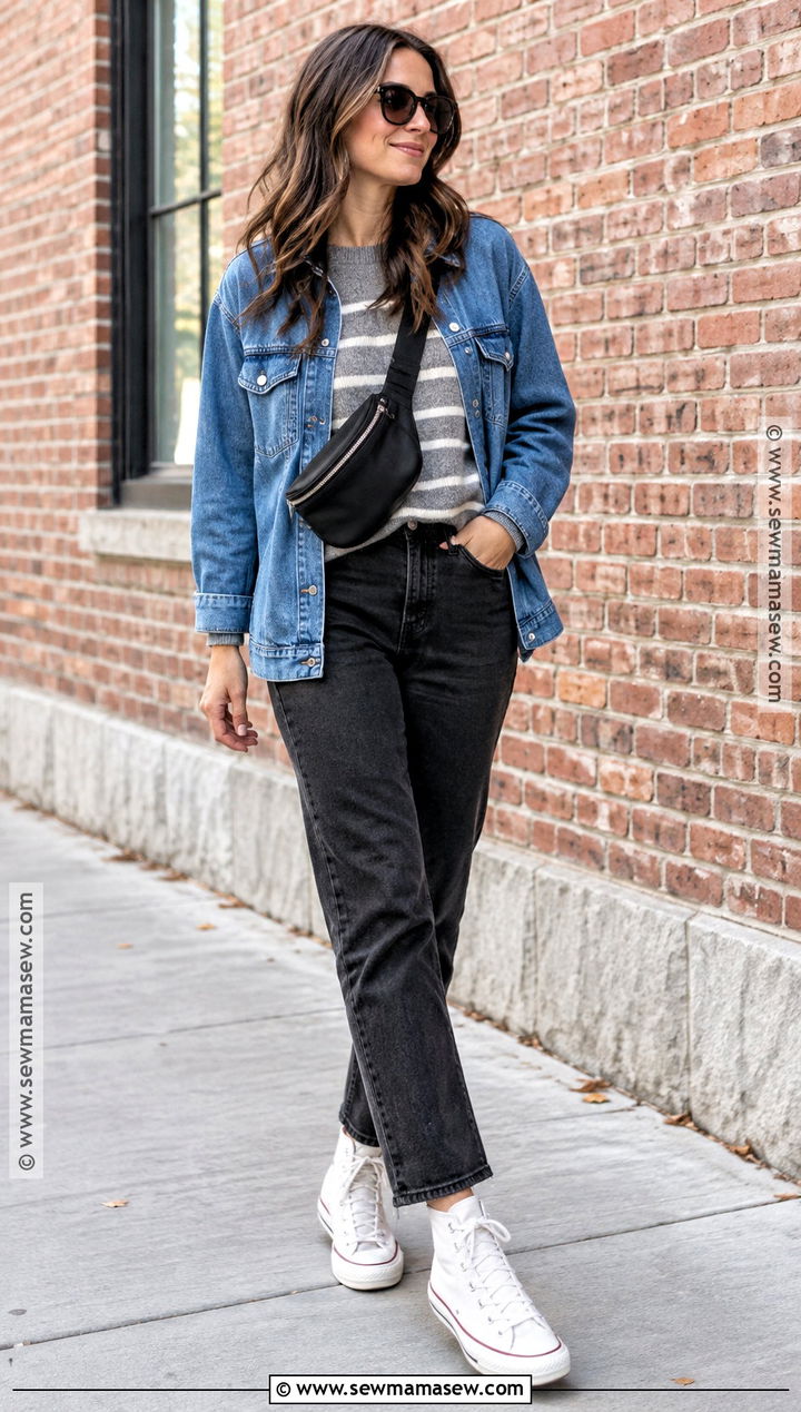 Denim Shacket With Black Jeans And High Top Sneakers - 20 Shacket Outfit Women Fall Ideas