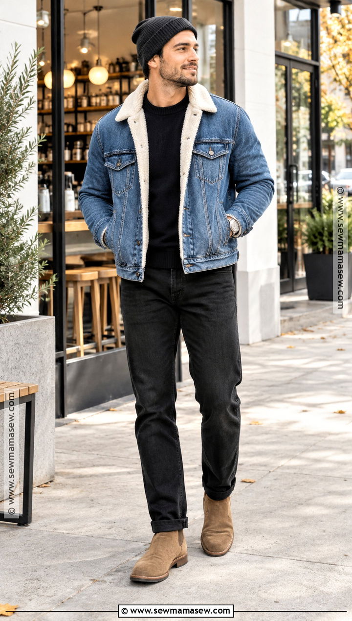 Denim Sherpa Jacket With Black Jeans - 20 men fall jacket ideas