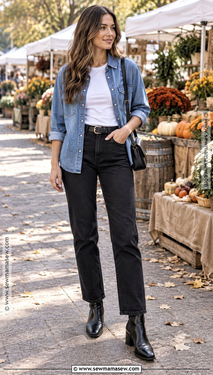 Denim Shirt And Black Jeans Autumn Outfit - 20 easy autumn outfits