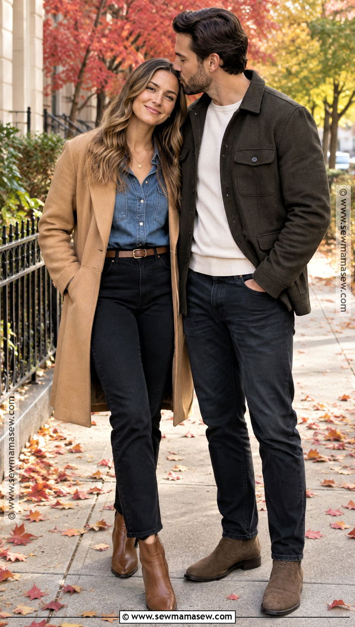 Denim Shirt And Black Jeans Fall Engagement Outfit - 15 casual engagement pictures outfits fall