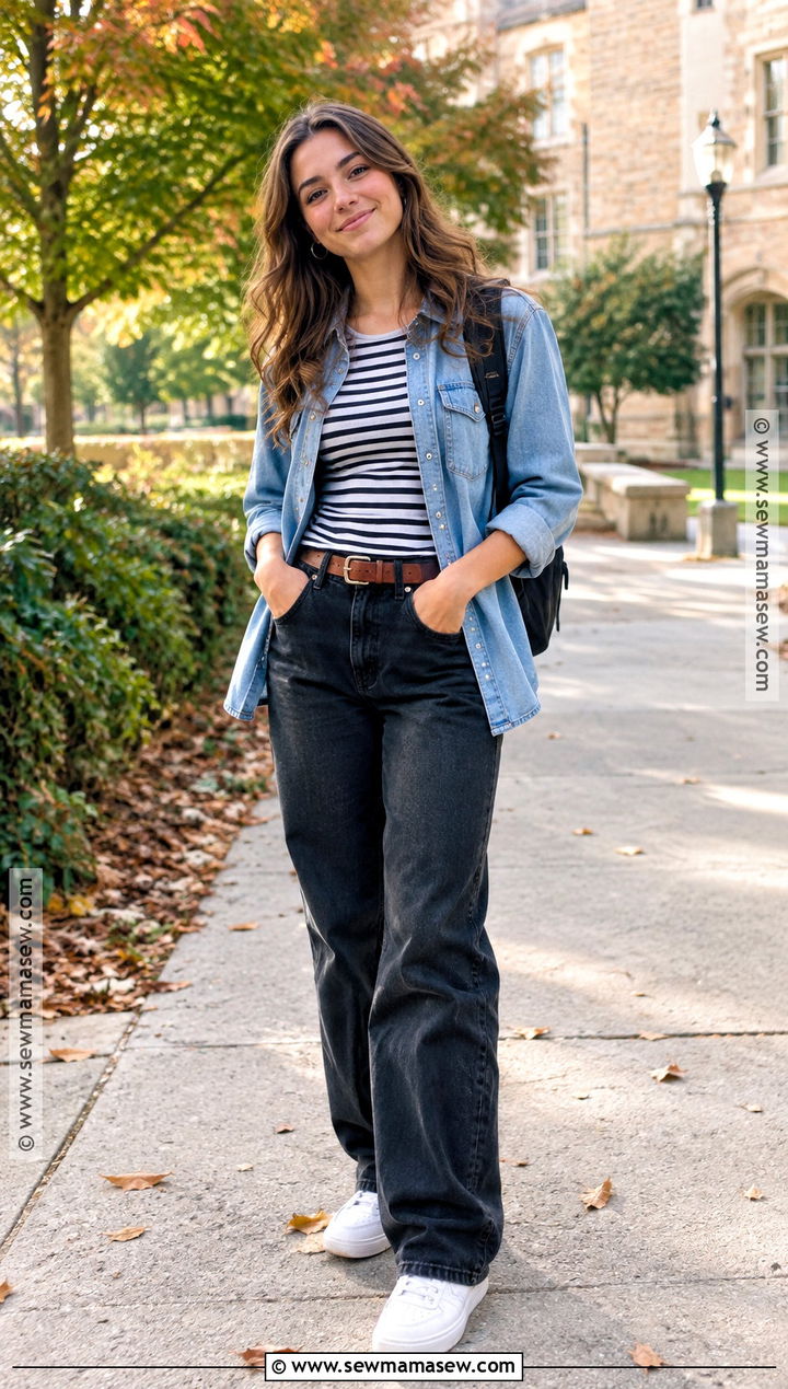 Denim Shirt And Black Jeans School Outfit - 25 cute outfits for school fall