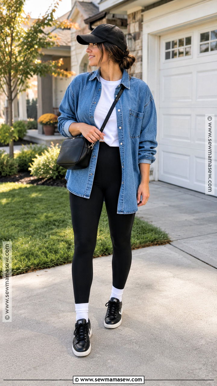 Denim Shirt And Black Leggings Fall Outfit - 20 Cool Mom Outfits Fall