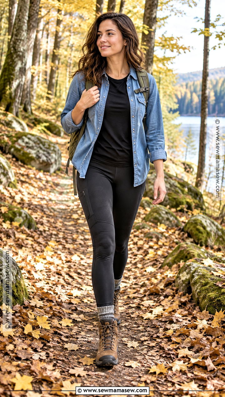 Denim Shirt And Black Leggings Hiking Outfit - 20 Hiking Outfit Autumn Ideas for Women