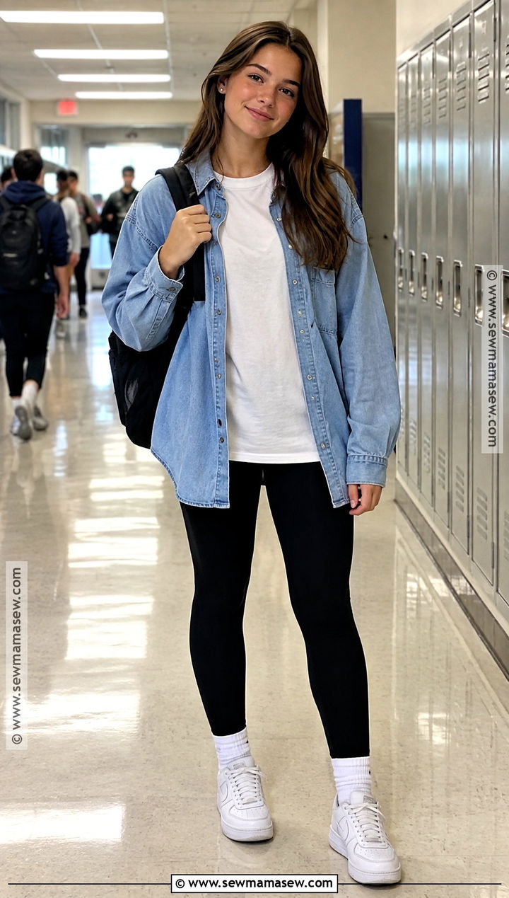 Denim Shirt And Black Leggings Outfit - 25 back to school outfits for teens