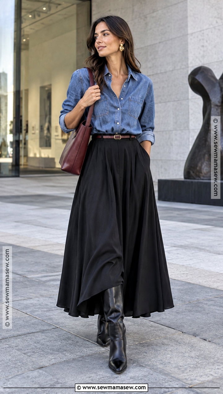 Denim Shirt And Black Maxi Skirt Fall Outfit - 20 fall cool girl outfits