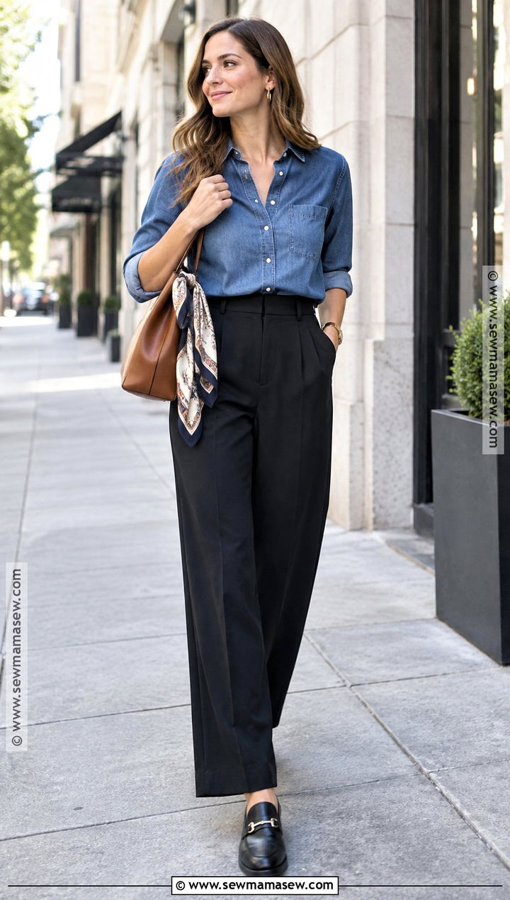 Denim Shirt And Black Pants Fall Outfit - 15 Transitioning To Fall Outfits
