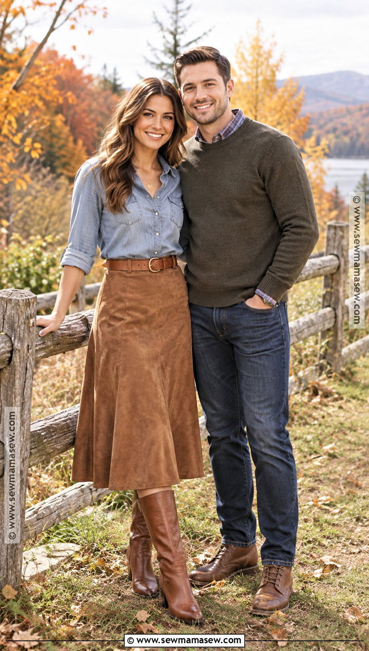 Denim Shirt And Brown Midi Skirt Fall Engagement Photo Outfit - 25 engagement photos outfits fall
