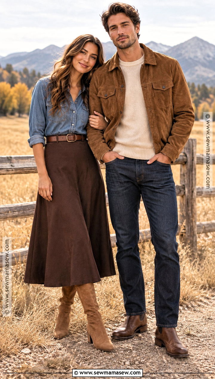 Denim Shirt And Brown Suede Jacket Fall Couple Outfit - 25 fall photo shoot outfits for couples