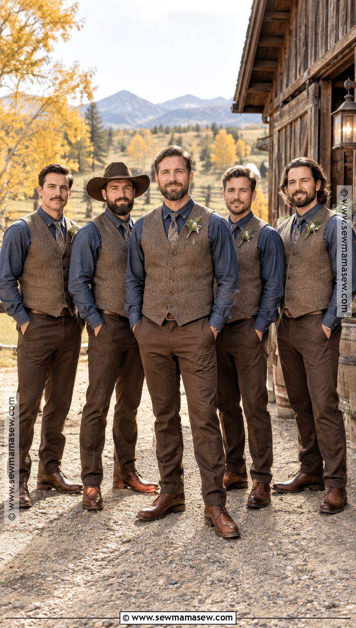 Denim Shirt And Brown Trousers Groomsmen Attire - 15 fall wedding groomsmen attire rustic ideas