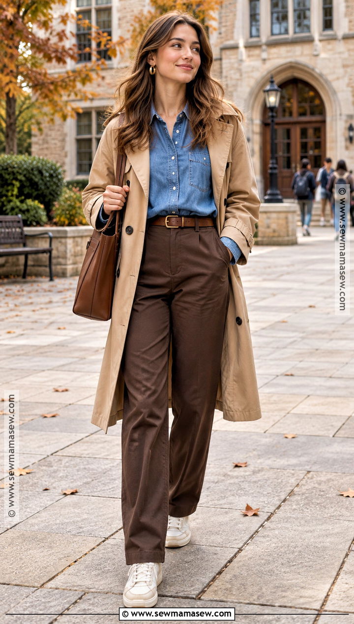 Denim Shirt And Brown Trousers Uni Outfit - 25 uni fits autumn