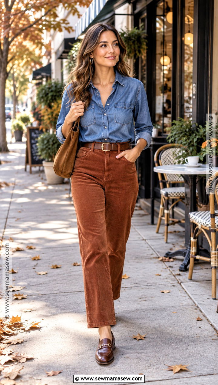 Denim Shirt And Corduroy Pants Autumn Brunch Outfit - 25 autumn brunch outfit ideas