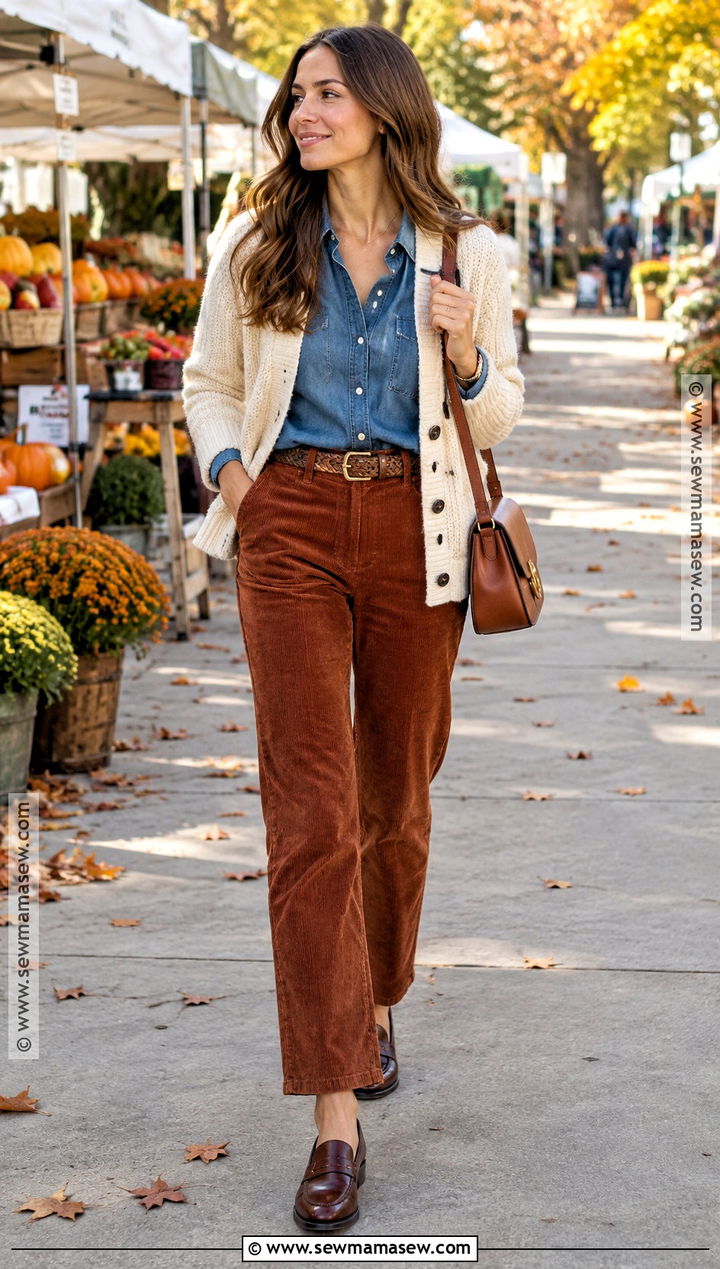 Denim Shirt And Corduroy Pants Autumn Outfit - 30 outfit autumn ideas