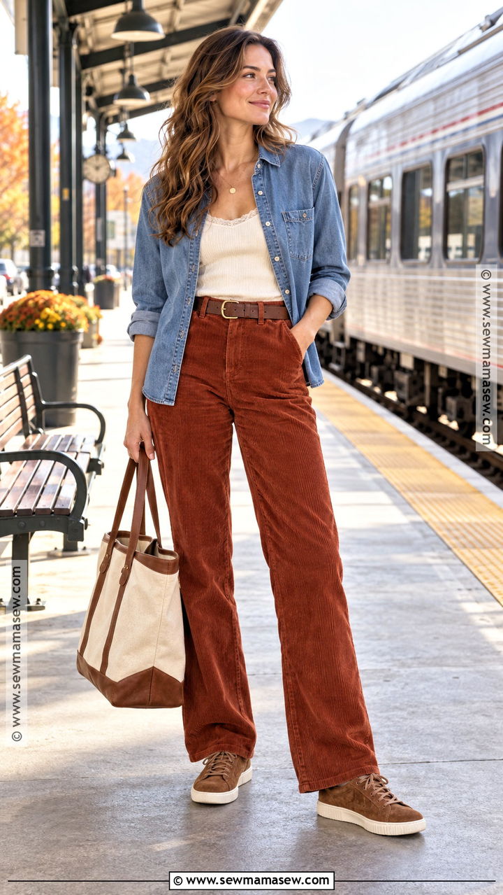 Denim Shirt And Corduroy Pants Autumn Travel Outfit - 20 autumn outfits travel