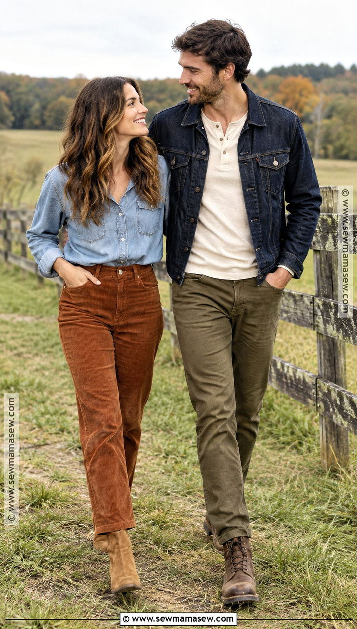 Denim Shirt And Corduroy Pants Fall Couple Outfit - 20 fall couple photoshoot outfits photo ideas outdoor
