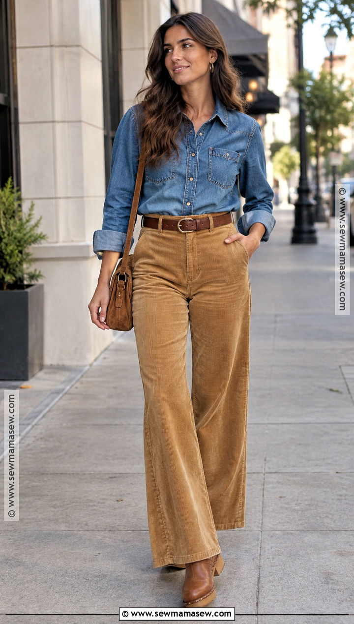 Denim Shirt And Corduroy Pants Fall Outfit - 20 Aesthetic Fall Outfit Ideas