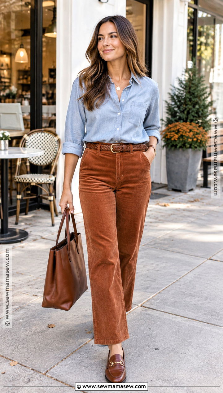 Denim Shirt And Corduroy Pants Fall Outfit - 20 simple outfits fall