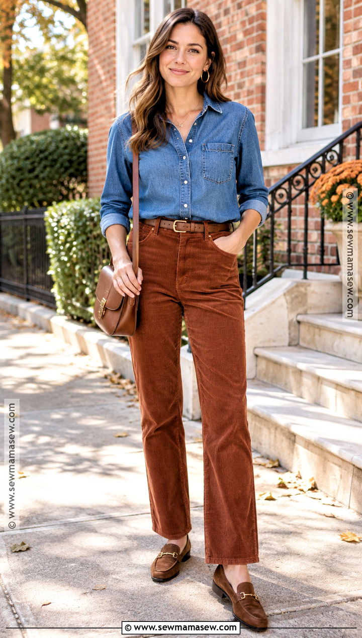 Denim Shirt And Corduroy Pants Fall Outfit - 25 cozy fall fits