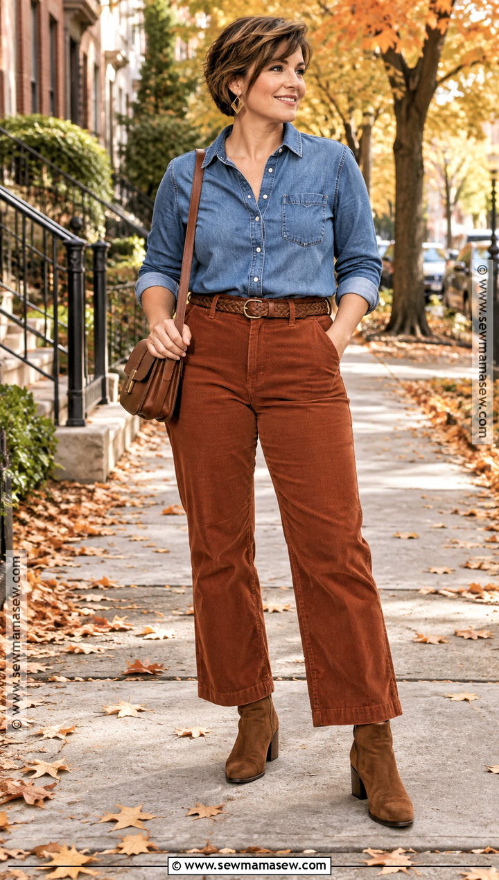 Denim Shirt And Corduroy Pants Outfit With Short Hair - 15 fall outfits with short hair