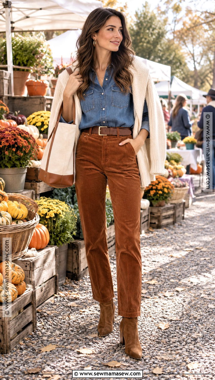 Denim Shirt And Corduroy Pants Outfit - 20 Autumnal Outfits for Women
