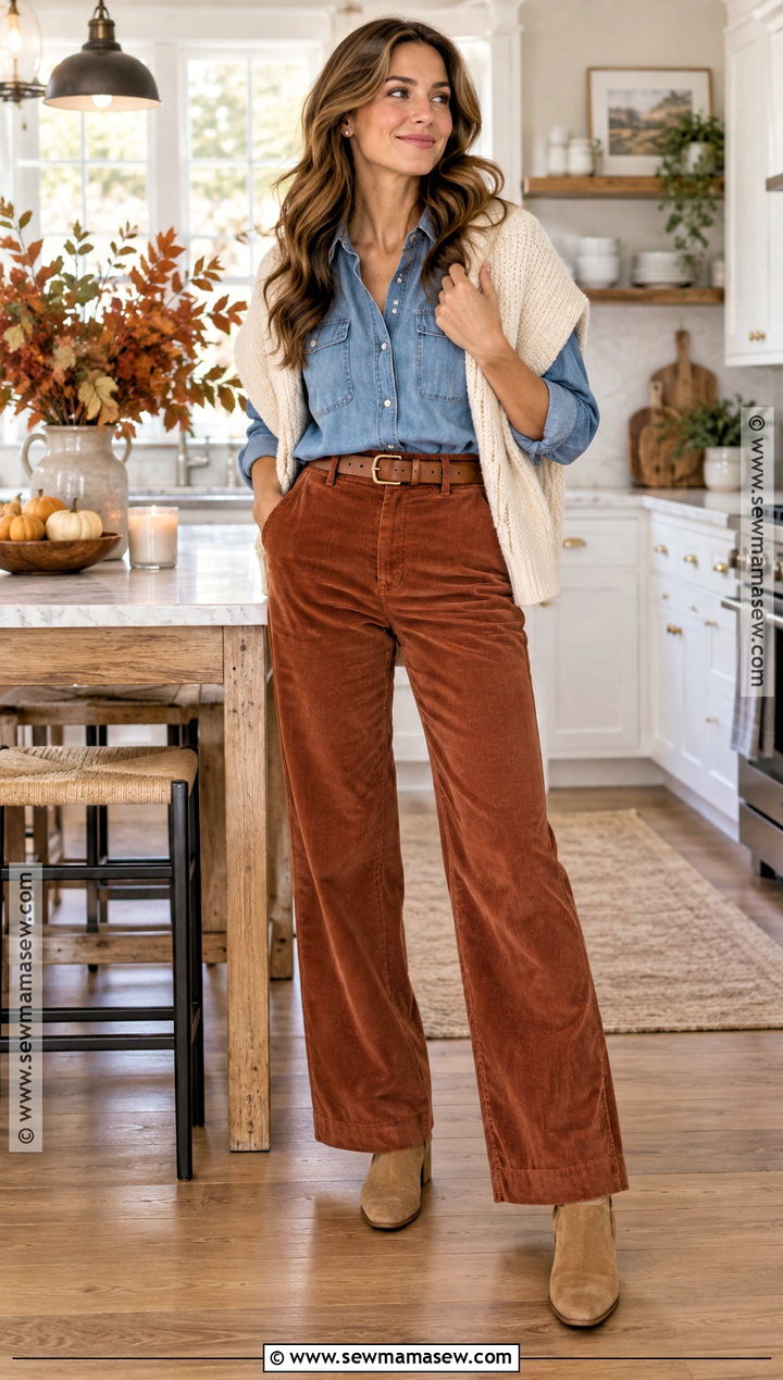 Denim Shirt And Corduroy Pants Thanksgiving Outfit - 20 Thanksgiving Inspo Outfits