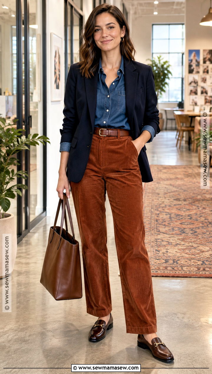 Denim Shirt And Corduroy Trousers Autumn Work Outfit - 20 autumn workwear ideas